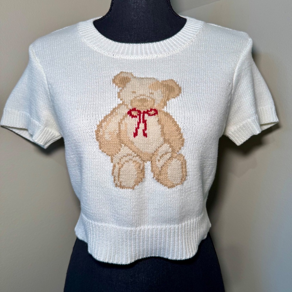 LE LIS COLLECTION Cream Teddy Bear Knit‎ Cropped Sweater Top Size S